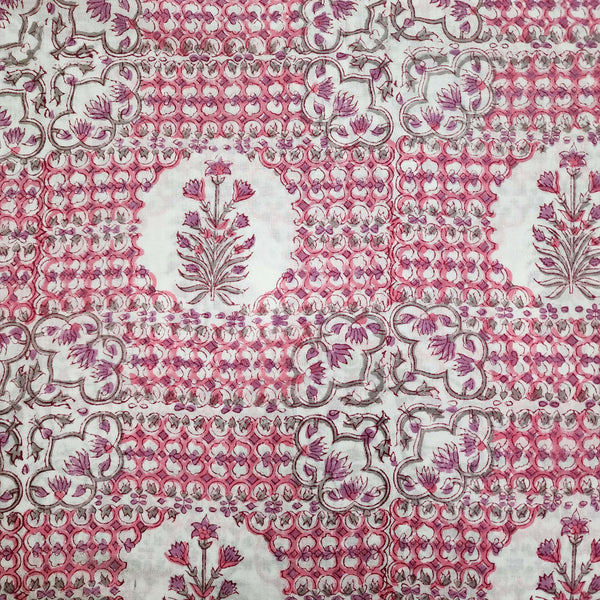 ( Pre-Cut 1.50 Meter ) Pure Cotton Jaipuri Pink With Mughal Flower Hand Block Print Fabric