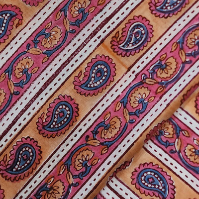 Pure Cotton Jaipuri Pink With Peach Kairi And Flower Border Hand Block Print Fabric