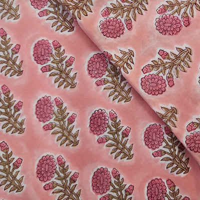 Pure Cotton Jaipuri Pink With Pink Plant Hand block Print Fabric