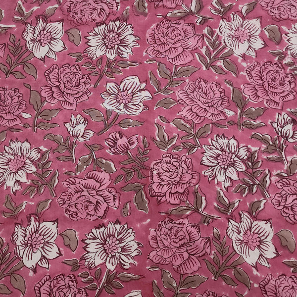 PRE-CUT 1.30 METER Pure Cotton Jaipuri Pink With Roses Hand Block Print Fabric