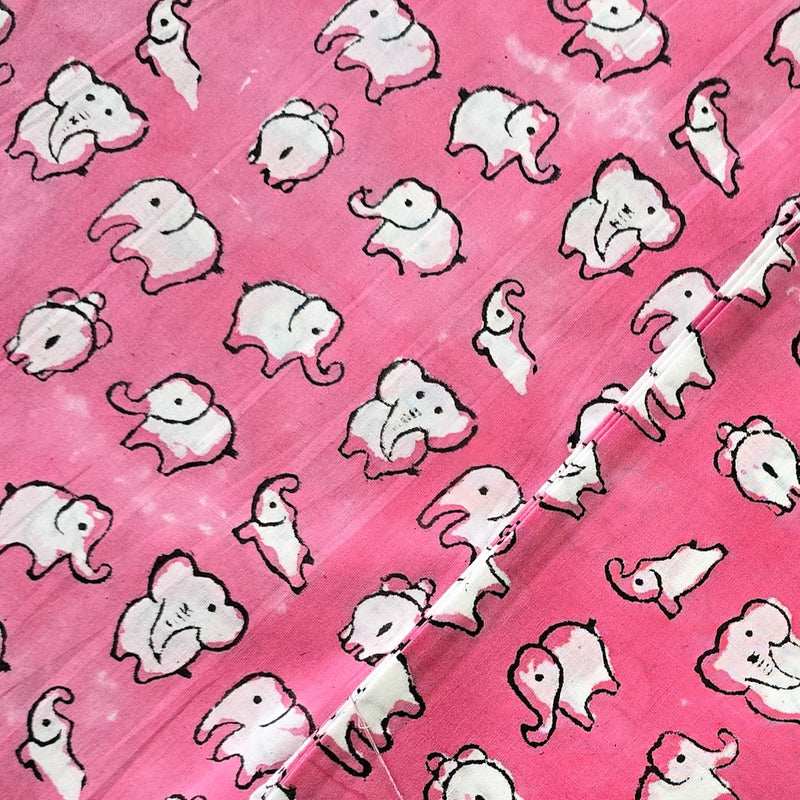 Pure Cotton Jaipuri Pink With White Elephant Motif Hand Block Print Fabric