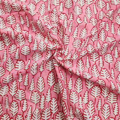 ( Pre-Cut 0.80 Meter ) Pure Cotton Jaipuri Pink With White Leaves Motif Hand Block Print Fabric