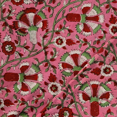 Pure Cotton Jaipuri Pink With White Red Green Wild Jaal Hand Block Print Fabric