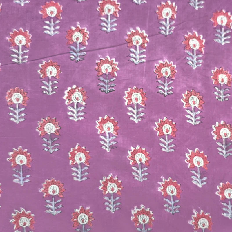 ( PRE-CUT 0.90 METER ) Pure Cotton Jaipuri Purple Flower Motif Hand Bl ...