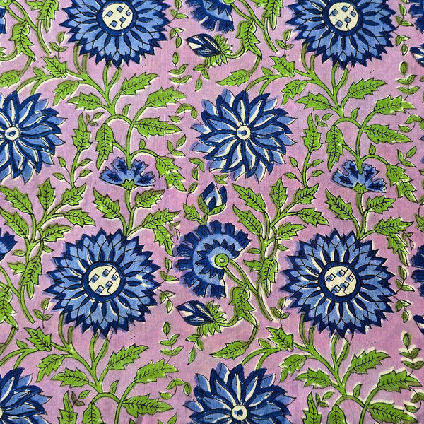 Pure Cotton Jaipuri Purple With Dark Blue And Green Sunflower Jaal Hand Block Print Fabric