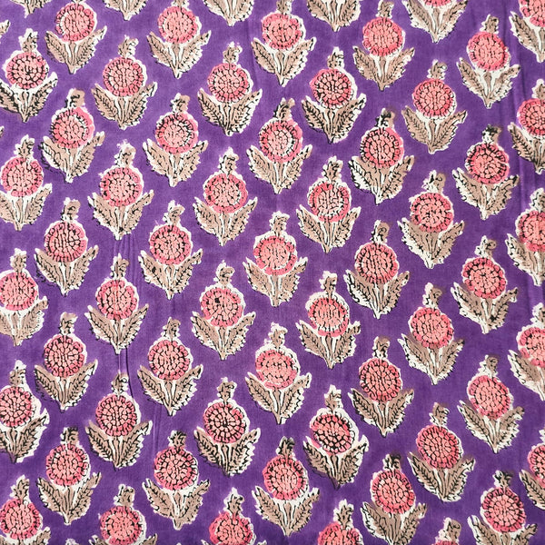 Pure Cotton Jaipuri Purple With Light Pink Flower Motif Hand Block Print Fabric