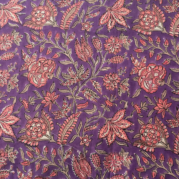Pure Cotton Jaipuri Green With Purple Fruit Buds Hand Block Print Fabric
