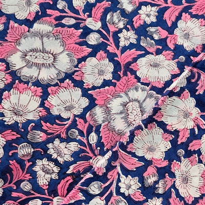 Pure Cotton Jaipuri Purple With Pink And White All Over Flower Hand Block Print Fabric