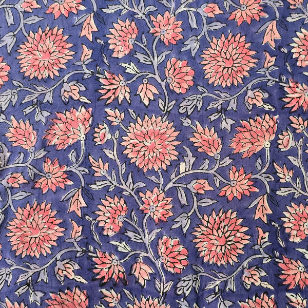 Pure Cotton Jaipuri Dark Blue With Peach Dandelion Flower Jaal Hand Block Print Fabric