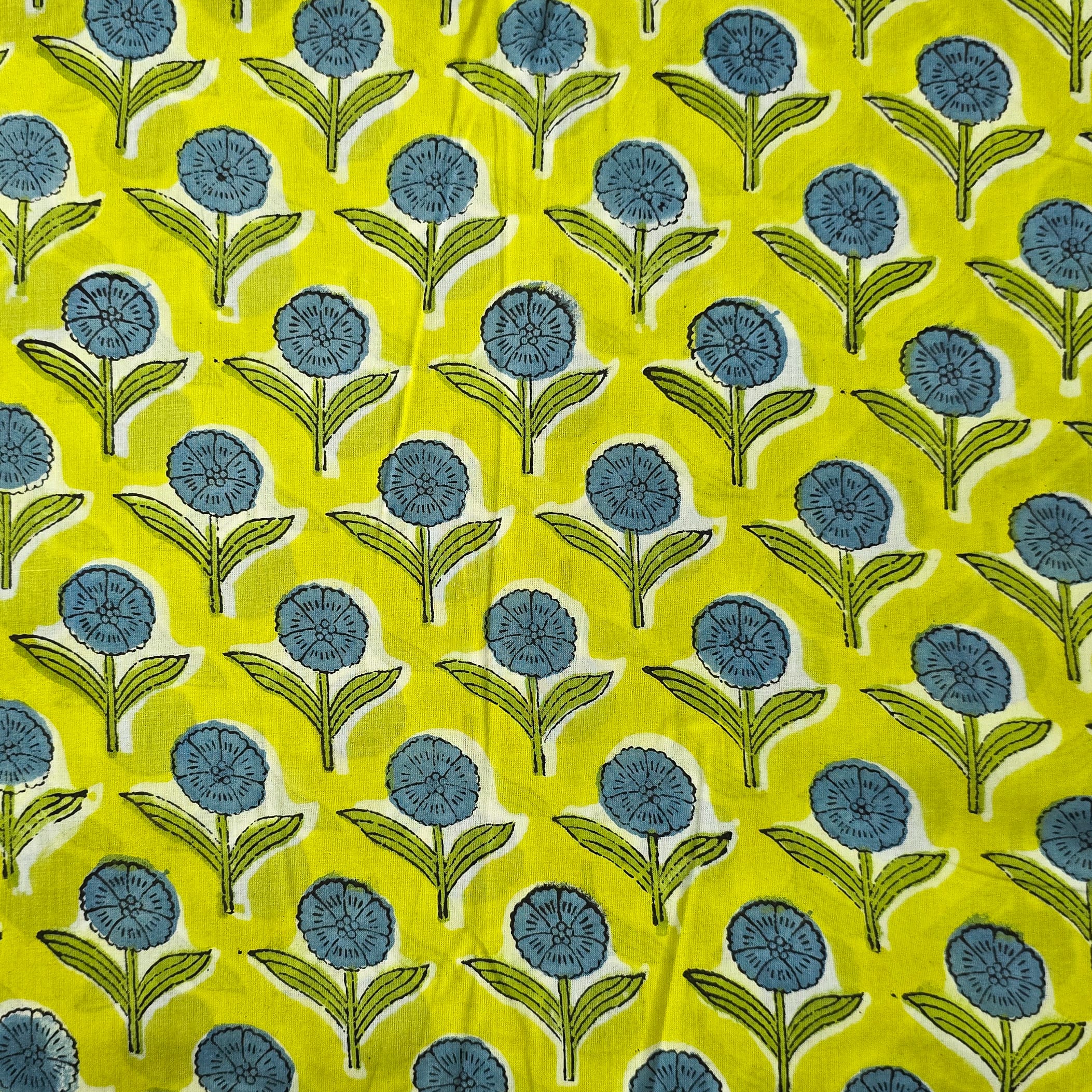 Pure Cotton Jaipuri Radium Green With Blue Flower Motif Hand Block Pri ...