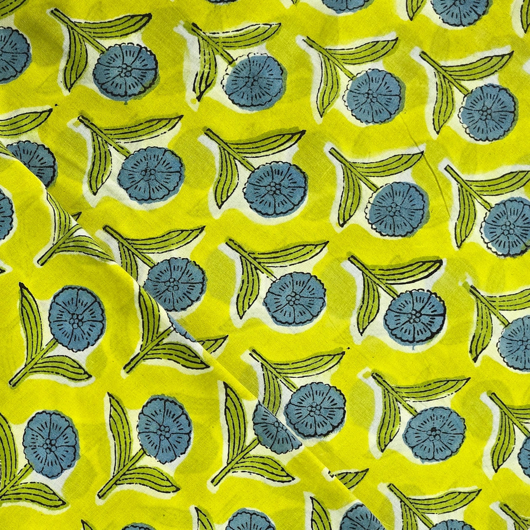 Pure Cotton Jaipuri Radium Green With Blue Flower Motif Hand Block Pri ...