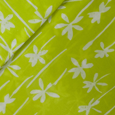 ( Pre-Cut 0.85  Meter ) Pure Cotton Jaipuri Radium Green With White Flower Motif Hand Block Print Fabric