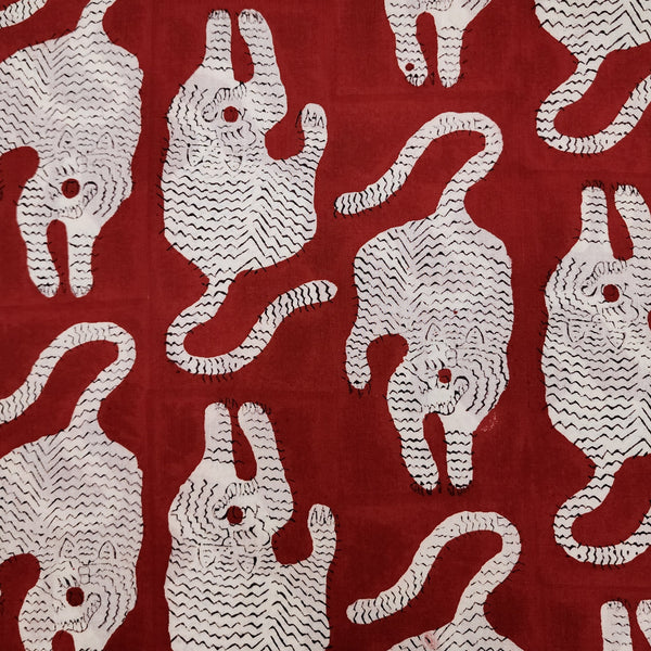 Pre-cut 1.99 meter Pure Cotton Jaipuri Red And White Tiger Hand Block Print Fabric