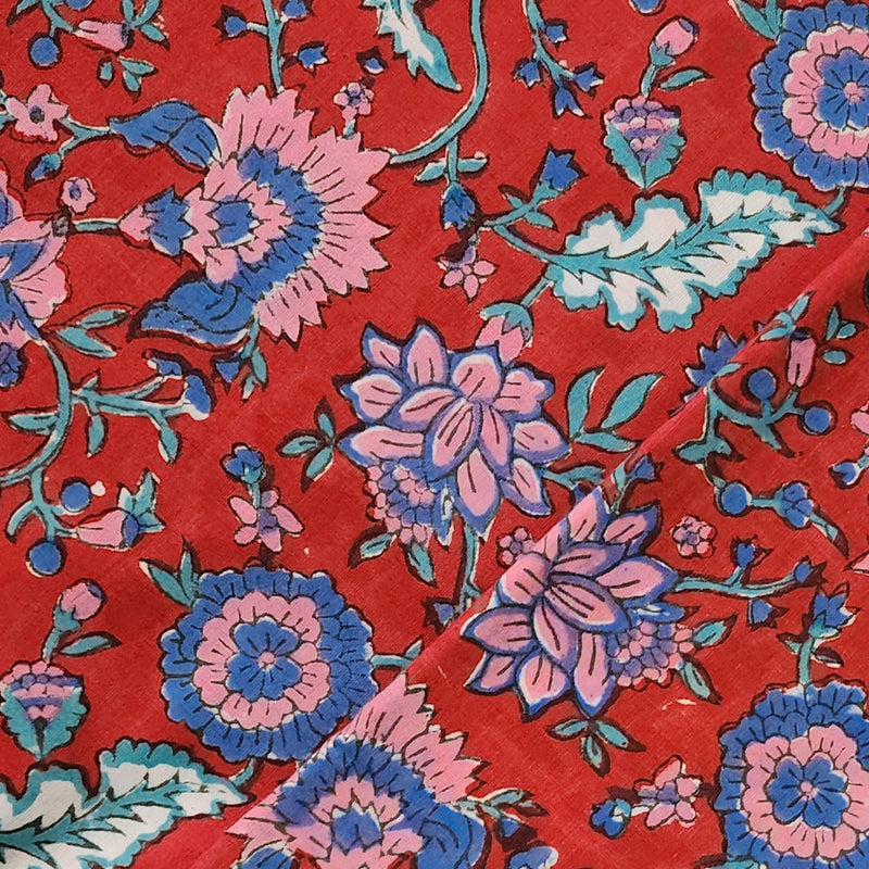 Pure Cotton Jaipuri Red With Blue And Pink Flower Jaal Hand Block Print Fabric