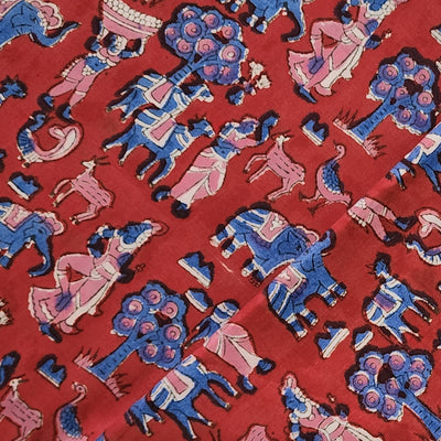 Pure Cotton Jaipuri Red With Blue Krishnan Village Hand Block Print Fabric