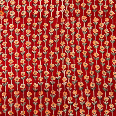Pure Cotton Jaipuri Red With China Rose Flower Creeper Hand Block Print Fabric