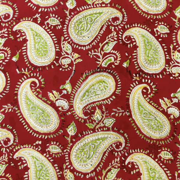 (Blouse Piece 1.20  Meter) Pure Cotton Jaipuri Red With Green Cream Kairi Jaal Hand Block Print Fabric