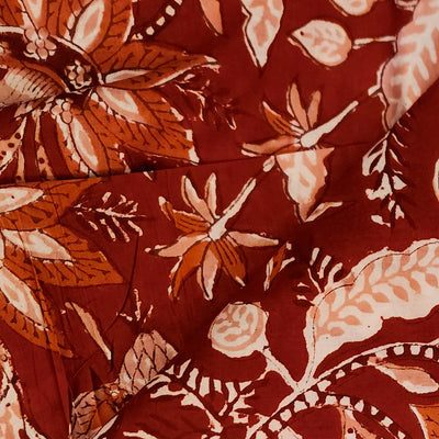 ( Pre-Cut 1 Meter ) Pure Cotton Jaipuri Red With Light Orange Wild Flower Jaal Hand Block Print Fabric
