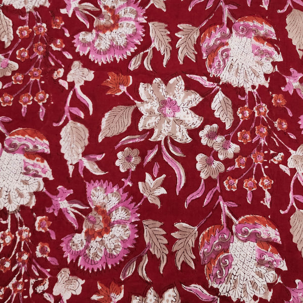 ( Pre-Cut 1.70 Meter ) Pure Cotton Jaipuri Red With Light Pink And White Flower Jaal Hand Block Print Fabric