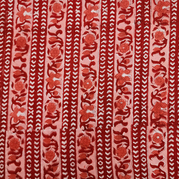 ( Pre-Cut 1.55 Meter )  Pure Cotton Jaipuri Red With Orange Flower Creeper Border Hand Block Print Fabric
