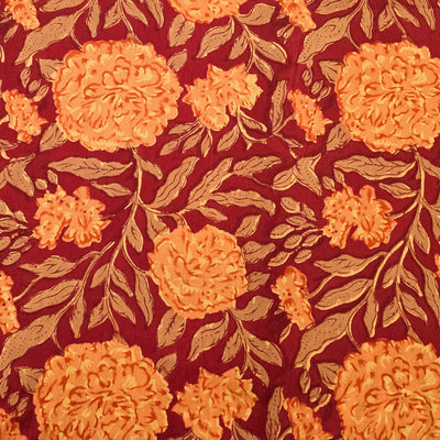 Pure Cotton Jaipuri Red With Orange Wild Jungle Flower Hand Block Print Fabric