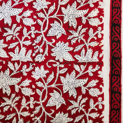 ( Pre-Cut 0.80 Meter) Pure Cotton Jaipuri Red With White Daffodil Flower Jaal Hand Block Print Fabric