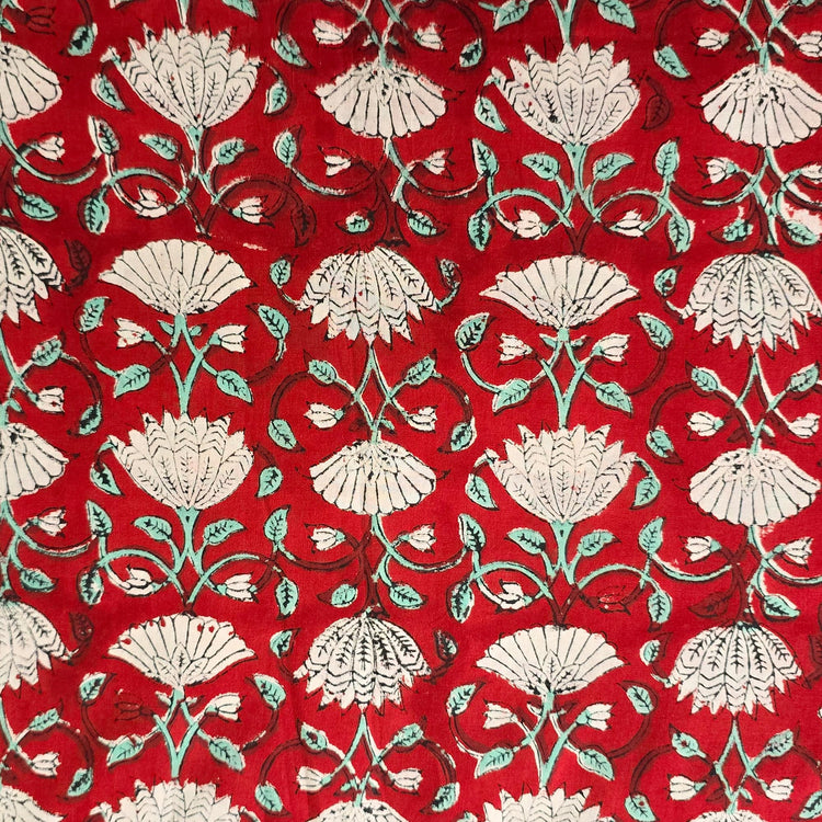 (PRE-CUT 0.80 METER) Pure Cotton Jaipuri Red With White Lotus Flower C ...