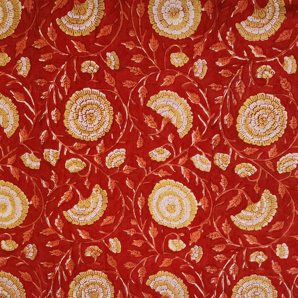 Pure Cotton Jaipuri Red With Yellow Flower Jaal Hand Block Print Fabric