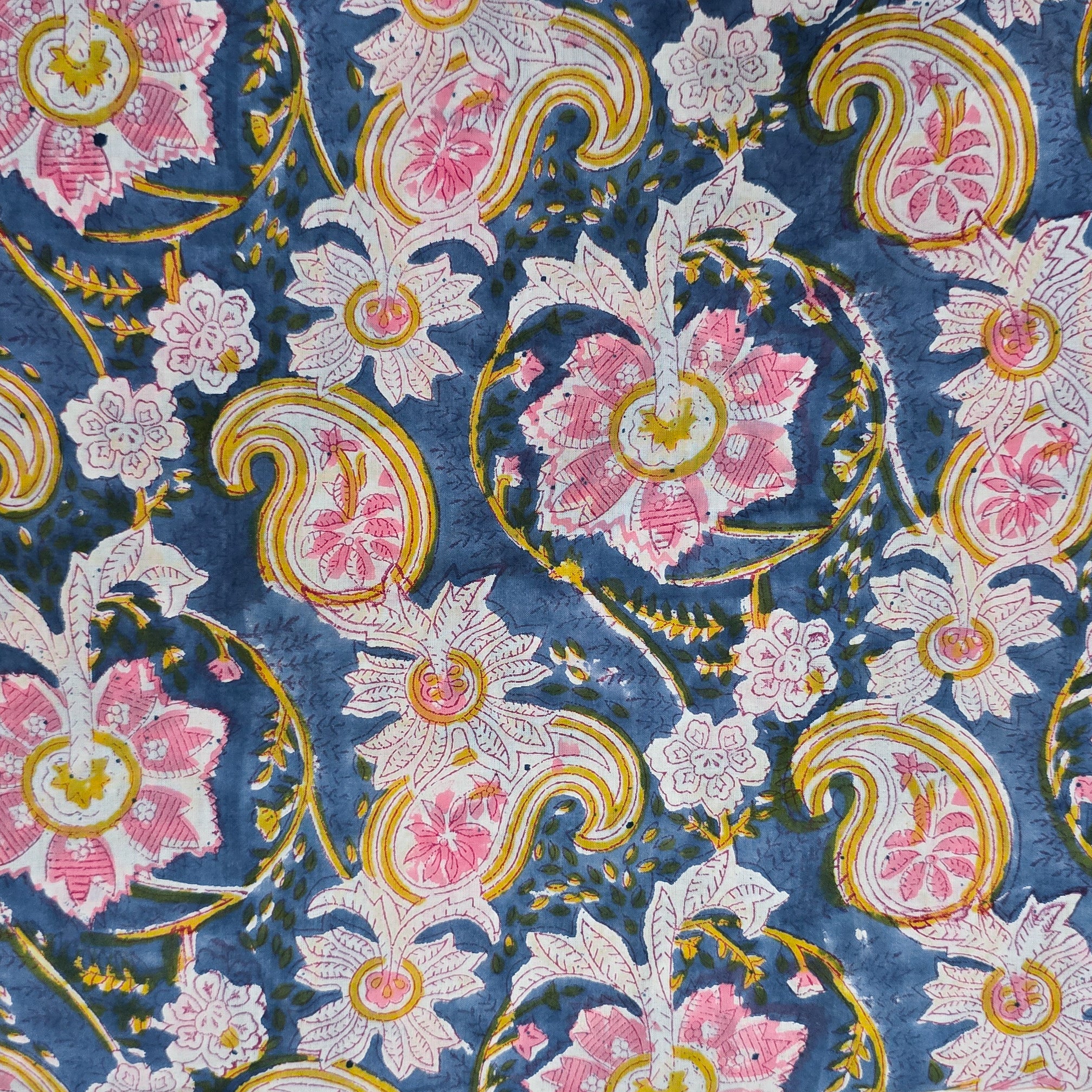 Pure Cotton Jaipuri Rust Blue With Yellow And Light Pink Flower Jaal H ...