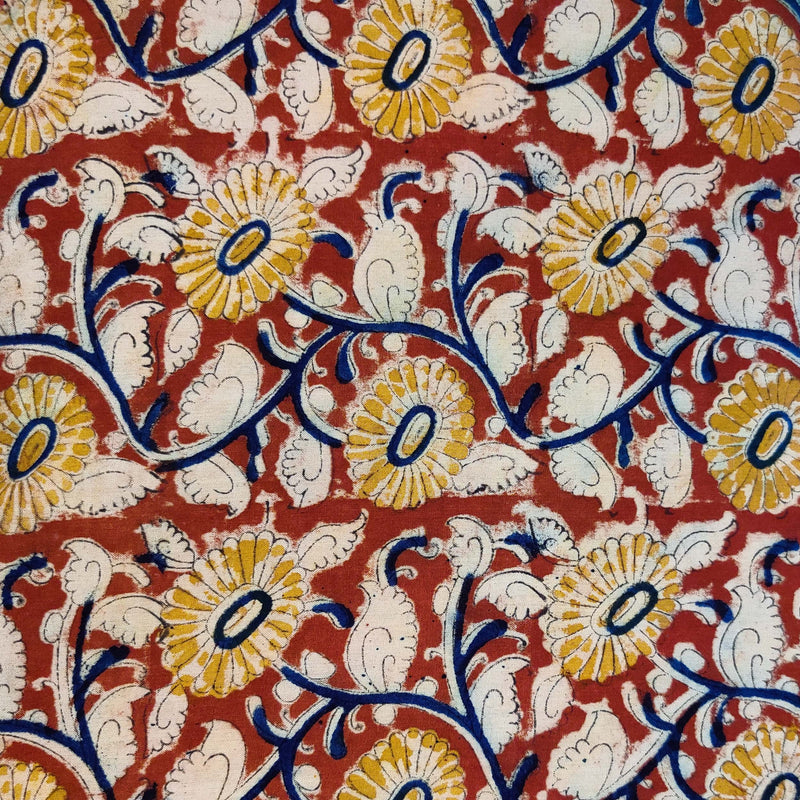 ( Pre-Cut 2 Meter ) Pure Cotton Kalamkari Rust With Mustard And Blue Floral Jaal Hand Block Print Fabric