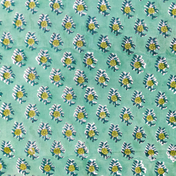 ( Pre-Cut 1.70 Meter ) Pure Cotton Jaipuri Sea Green With Green Small Flower Motifs Hand Block Print Fabric