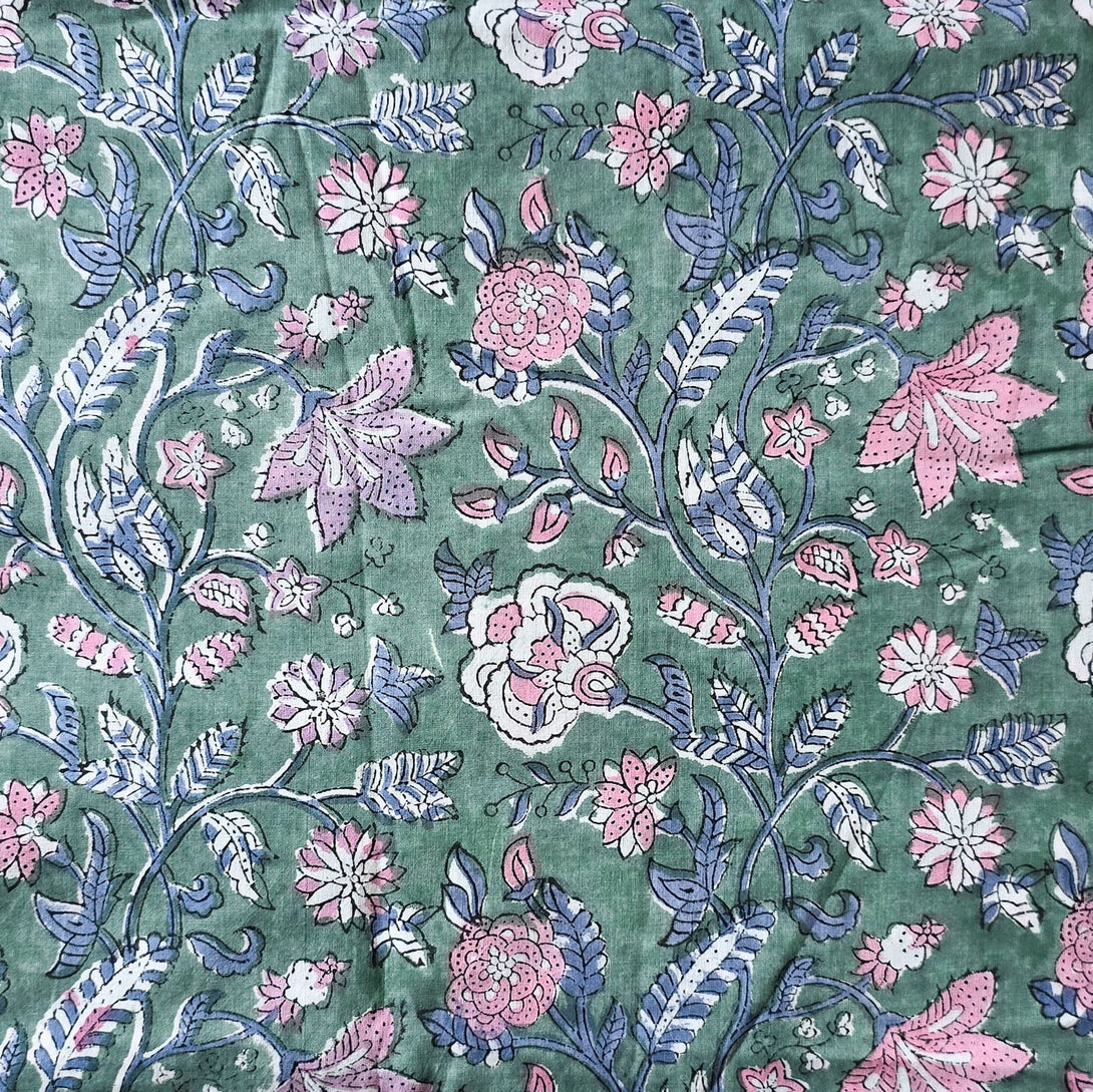 Pure Cotton Jaipuri Sea Green With Pink And White Jungle Flower Jaal H ...