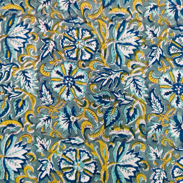 ( Pre-Cut 1.65 Meter ) Pure Cotton Jaipuri Teal Green With Yellow And Light Blue Flower Jaal Hand Block Print Fabric