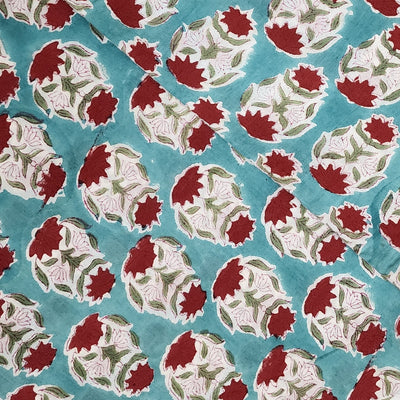 ( Pre-Cut 1.45 Meter ) Pure Cotton Jaipuri Teal With Deep Red Double Flower Plant Hand Block Print Fabric