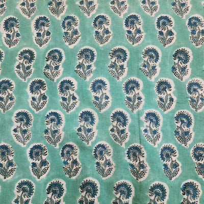 Pre-cut 1.5 meter Pure Cotton Jaipuri Teal With Grey Blue Flowers Hand Block Print Fabric