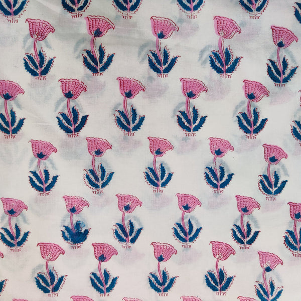 Pre-Cut 1.40 Meter Pure Cotton Jaipuri White With Pink And Blue Flowers Hand Block Print Fabric