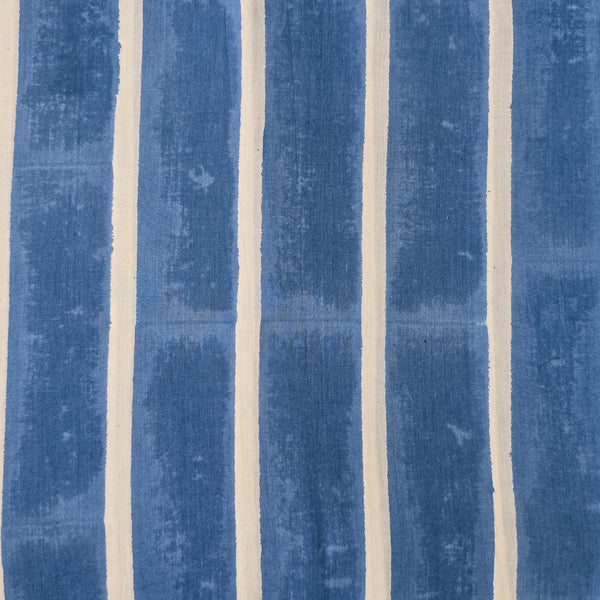 ( Pre-Cut 1.55 Meter ) Pure Cotton Jaipuri White And Big Fat Stripes Of Blue Hand Block Print FabricPure
