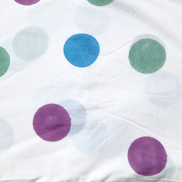 (pre-cut 1.45 meter) Pure Cotton Jaipuri White And Blue And Purple Polka Dots Hand Block Print Fabric