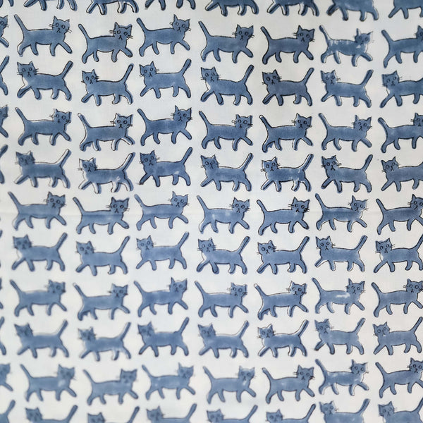 Pre-cut 1.10 meter Pure Cotton Jaipuri White And Blue Cats All Over Fabric Hand Block Print Fabric
