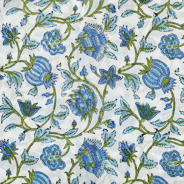 Pre-Cut 1.80 Meter Pure Cotton Jaipuri White And Blue Flower Jaal Hand Block Print Fabric
