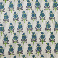 Pure Cotton Jaipuri White With Blue Flower Bud Hand Block Print Fabric