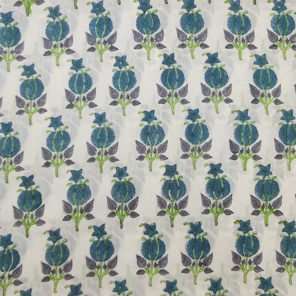 (Pre-Cut 1 Meter) Pure Cotton Jaipuri White With Blue Flower Bud Hand Block Print Fabric