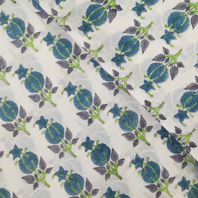 Pure Cotton Jaipuri White With Blue Flower Bud Hand Block Print Fabric
