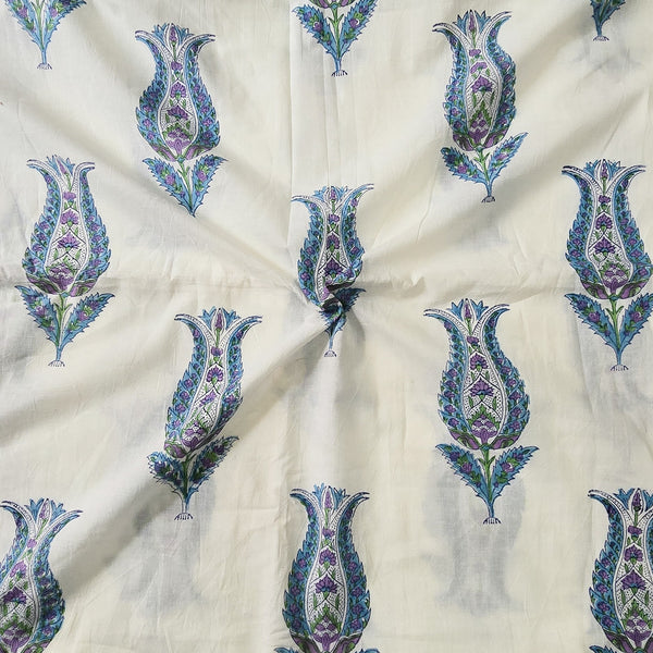 (Pre-cut 1 meter)Pure Cotton Jaipuri White And Blue Intricate Big Jungle Plant Motif Hand Block Print Fabric