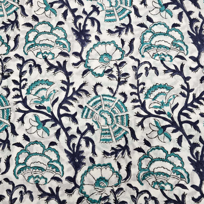Pure Cotton Jaipuri White And Blue Jungle Flower Jaal  Hand Block Print Fabric