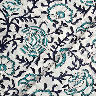 Pure Cotton Jaipuri White And Blue Jungle Flower Jaal  Hand Block Print Fabric