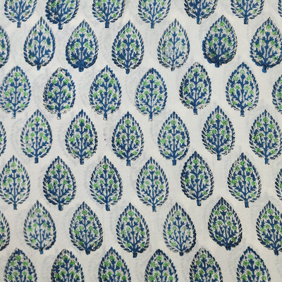 Pure Cotton Jaipuri White And Blue Leaves Motif Hand Block Print Fabric