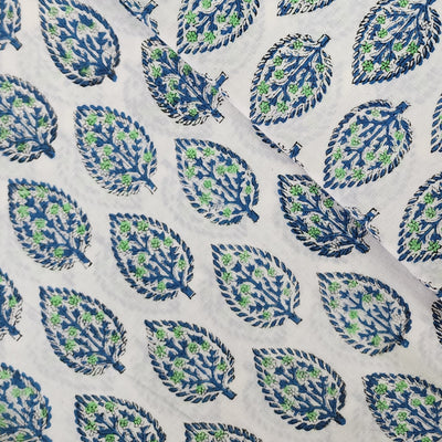 Pure Cotton Jaipuri White And Blue Leaves Motif Hand Block Print Fabric