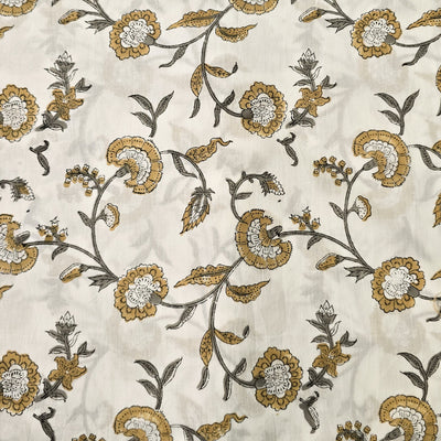 Pure Cotton Jaipuri White And Brown Flower Jaal Hand Block Print Fabric