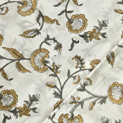 Pure Cotton Jaipuri White And Brown Flower Jaal Hand Block Print Fabric